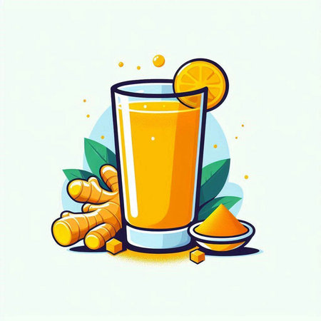 Ginger juice in a glass with a slice of orange and ginger. Vector illustration.のイラスト素材