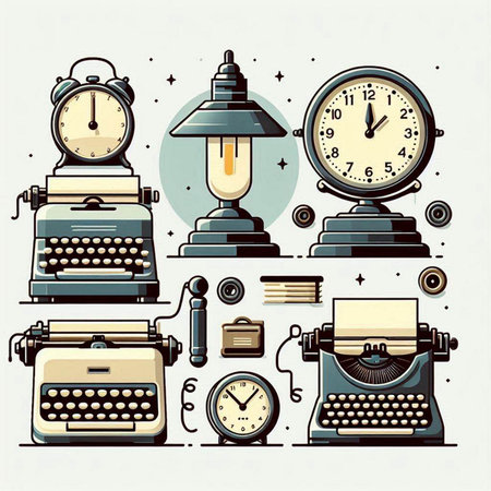 Retro typewriter and alarm clock. Vector illustration in vintage style.のイラスト素材