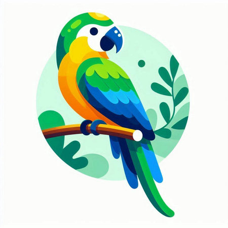 Colorful parrot on a branch with leaves. Vector illustration.のイラスト素材
