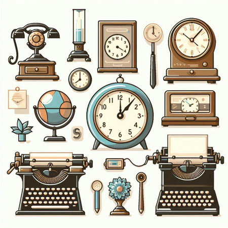 Vintage typewriter, alarm clock, clock, magnifying glass and globe. Vector illustration.のイラスト素材