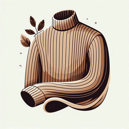 Vector hand drawn illustration of a knitted warm sweater with a branch and leaves.のイラスト素材
