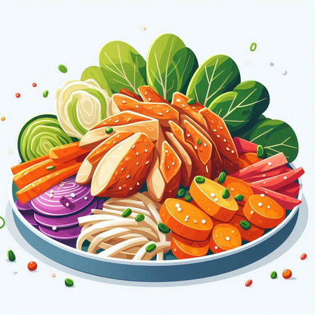 Salad with chicken and vegetables in a plate. Vector illustration.のイラスト素材