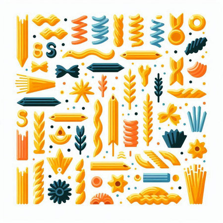 Pasta collection. Different types of pasta. Vector illustration in flat styleのイラスト素材