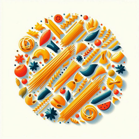 Vector illustration of Italian pasta in circle shape. Pasta background.のイラスト素材