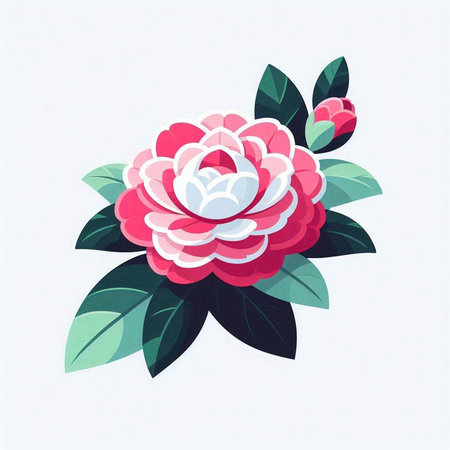 Camellia flower vector illustration. Hand drawn pink flower with green leaves.のイラスト素材