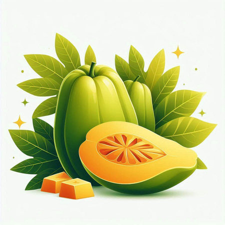 Papaya fruit with leaves and cubes of orange on white backgroundのイラスト素材