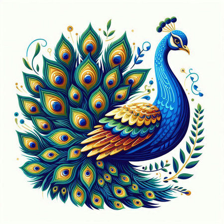 Peacock with peacock feathers and flowers. Vector illustration.のイラスト素材
