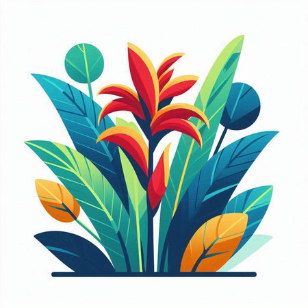 Vector illustration of tropical flowers and leaves on a white background. Flat style.のイラスト素材