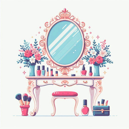 Vintage mirror and cosmetics on a dressing table. Vector illustration.のイラスト素材