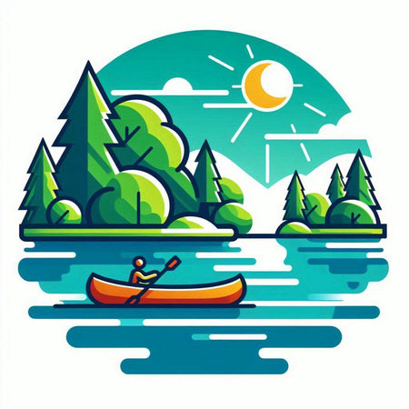Vector illustration of a kayak on a lake with trees and mountainsのイラスト素材