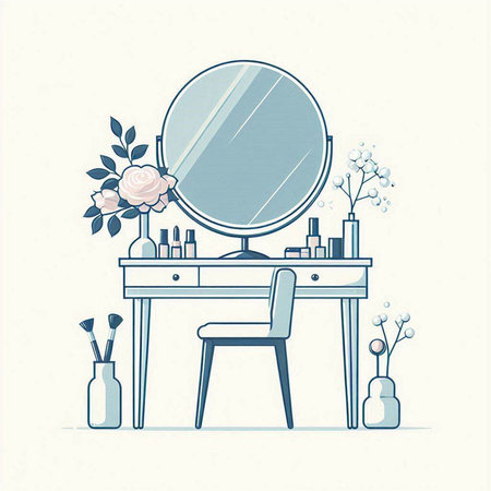 Vector illustration of a dressing table with a mirror and a bouquet of flowersのイラスト素材