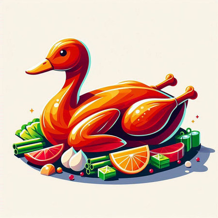 Vector illustration of roasted duck with vegetables and fruits on a white backgroundのイラスト素材