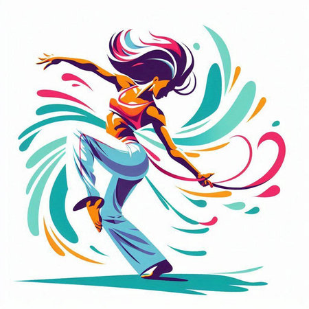 illustration of a young woman dancing breakdance on a colorful backgroundのイラスト素材