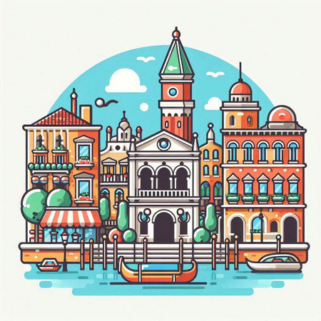 Venice, Italy. Colorful hand drawn vector illustration in vintage style.のイラスト素材