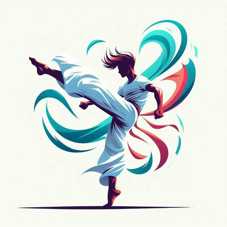 illustration of a man dancing kung fu with colorful ribbonsのイラスト素材