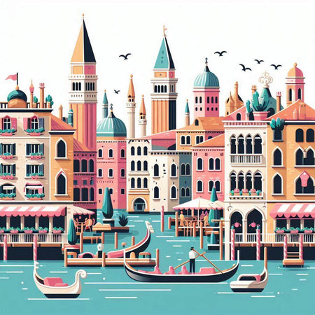 Venice, Italy, cityscape with gondolas and boatsのイラスト素材