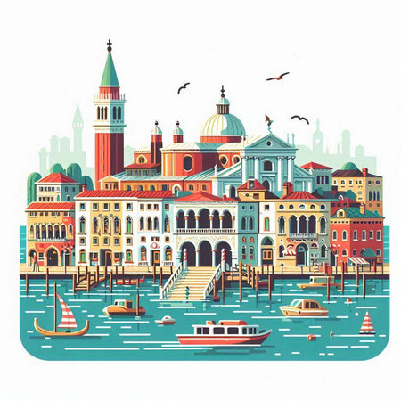 Venice cityscape with famous landmarks. Vector illustration in flat styleのイラスト素材