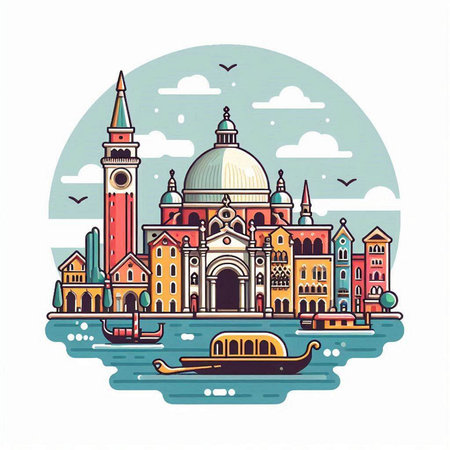 Venice skyline with gondolas, Italy. Vector illustration.のイラスト素材