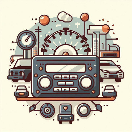 Vector illustration of retro radio and cars in circle. Line art style.のイラスト素材