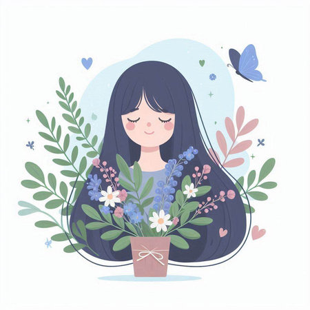 Cute girl with flowers. Vector illustration in a flat style.のイラスト素材