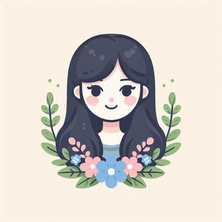 Cute girl with floral wreath. Vector illustration in cartoon style.のイラスト素材
