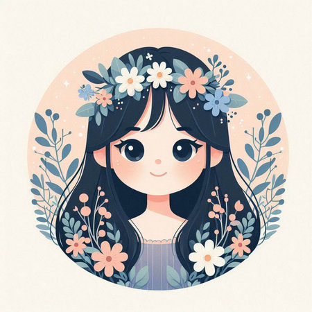 Beautiful girl with floral wreath. Vector illustration in retro style.のイラスト素材
