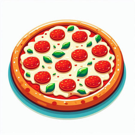 Pizza with pepperoni, mozzarella and basil. Vector illustrationのイラスト素材