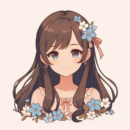 A cute cartoon girl with long hair and flowers in her hair.のイラスト素材