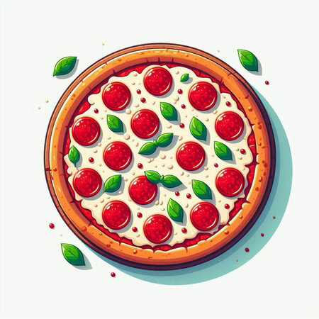 Pizza with mozzarella cheese and basil. Vector illustration.のイラスト素材
