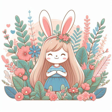 Cute cartoon girl with rabbit ears and flowers. Vector illustration.のイラスト素材