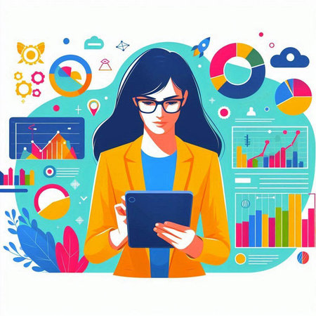 Vector illustration of a businesswoman with a tablet in her hands.のイラスト素材