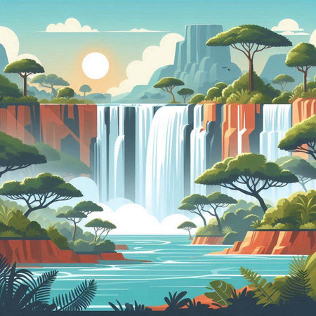Waterfall in the jungle. Waterfall in the tropics. Vector illustrationのイラスト素材