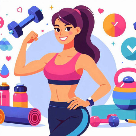 Fitness girl with dumbbells. Vector illustration in cartoon styleのイラスト素材