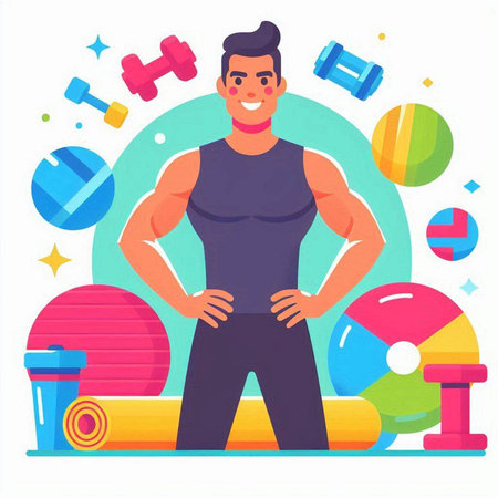 Fitness man with dumbbells. Vector illustration in flat styleのイラスト素材