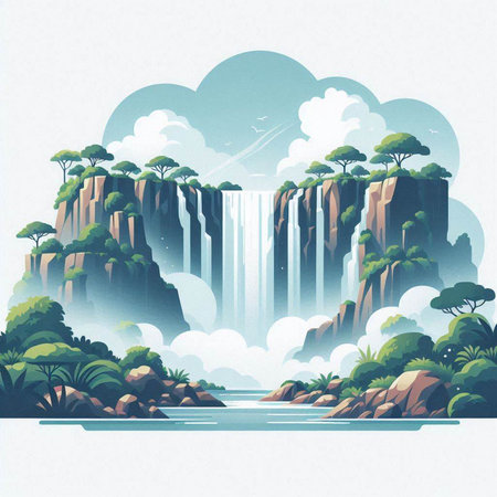 Waterfall in the mountains. Landscape with waterfalls. Vector illustration.のイラスト素材