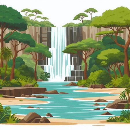 Waterfall in the jungle. Vector illustration of a cartoon style.のイラスト素材