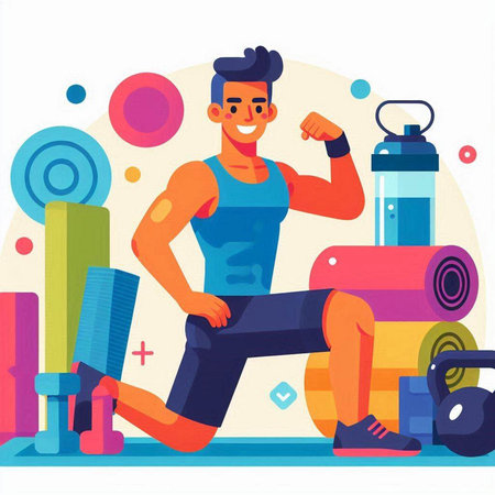 Fitness man training in gym. Vector illustration in flat style.のイラスト素材