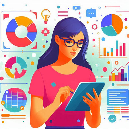 Vector illustration of woman using tablet computer on colorful infographics background.のイラスト素材