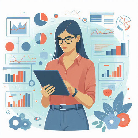 Business woman working with tablet. Vector illustration in a flat style.のイラスト素材