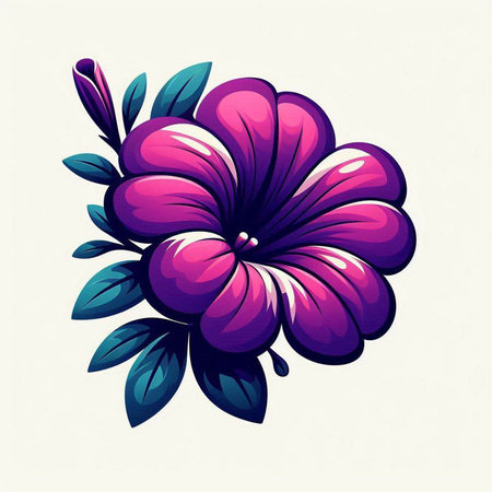 Illustration of a beautiful purple hibiscus flower with leavesのイラスト素材