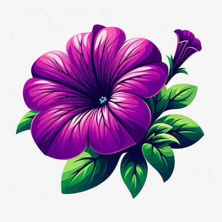Illustration of a purple flower with green leaves on a white backgroundのイラスト素材