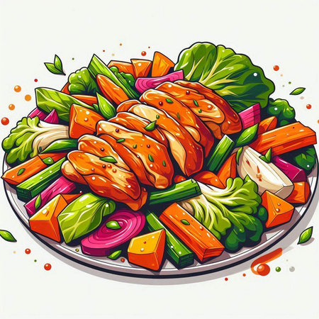 Salad with salmon and vegetables on a plate. Vector illustration.のイラスト素材