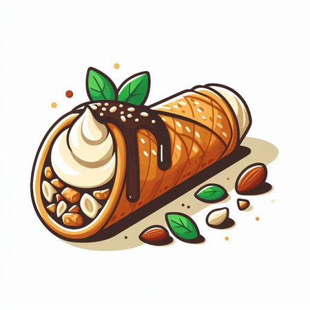 Illustration of a chocolate roll with cream and nuts on white backgroundのイラスト素材