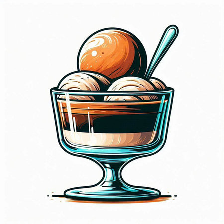 Chocolate ice cream in a glass bowl with spoon. Vector illustration.のイラスト素材
