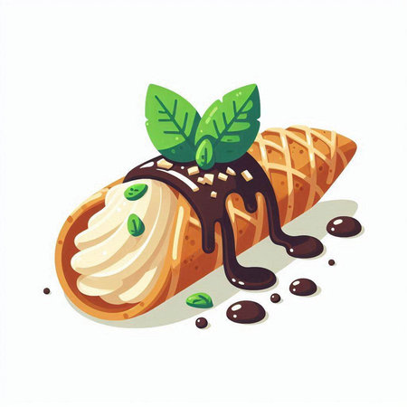 Ice cream roll with chocolate sauce and mint leaves. Vector illustration.のイラスト素材