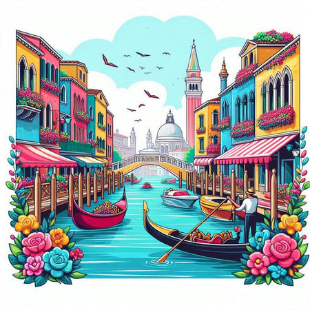 Gondola on the Grand Canal in Venice, Italy. Vector illustration.のイラスト素材