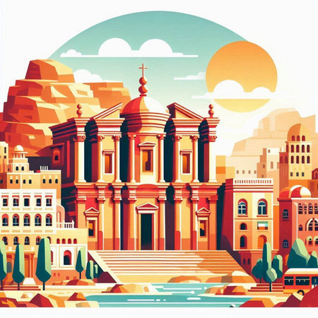 Travel to Egypt. Ancient Egyptian city in flat style. Vector illustrationのイラスト素材