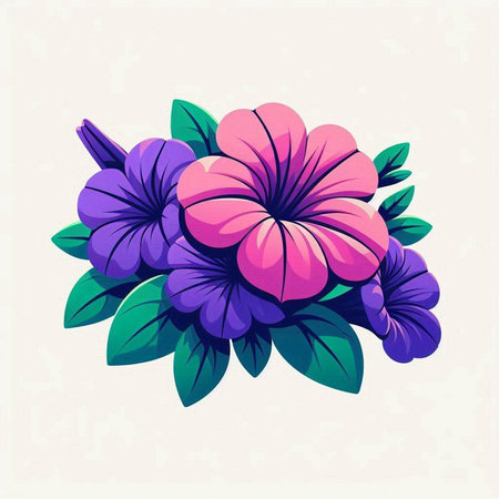 Illustration of pink and purple petunia flowers with green leaves.のイラスト素材