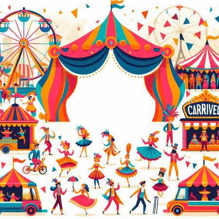 Circus carnival background with people and tents. Vector illustration.のイラスト素材
