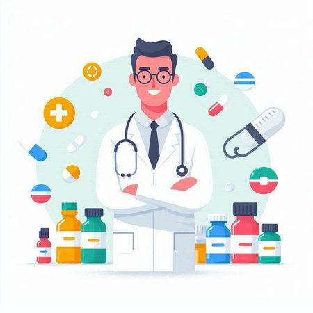 Doctor with stethoscope and various medicines. Vector illustration in flat styleのイラスト素材